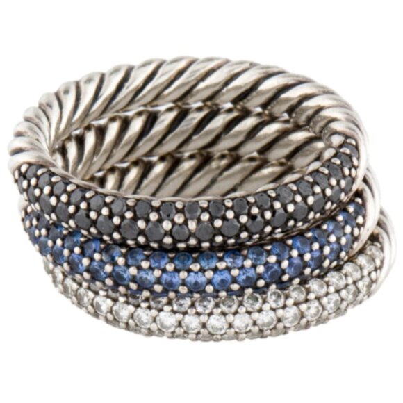 David Yurman | Diamonds & Sapphire Stackable Three Ring Set - Picture 2 of 13